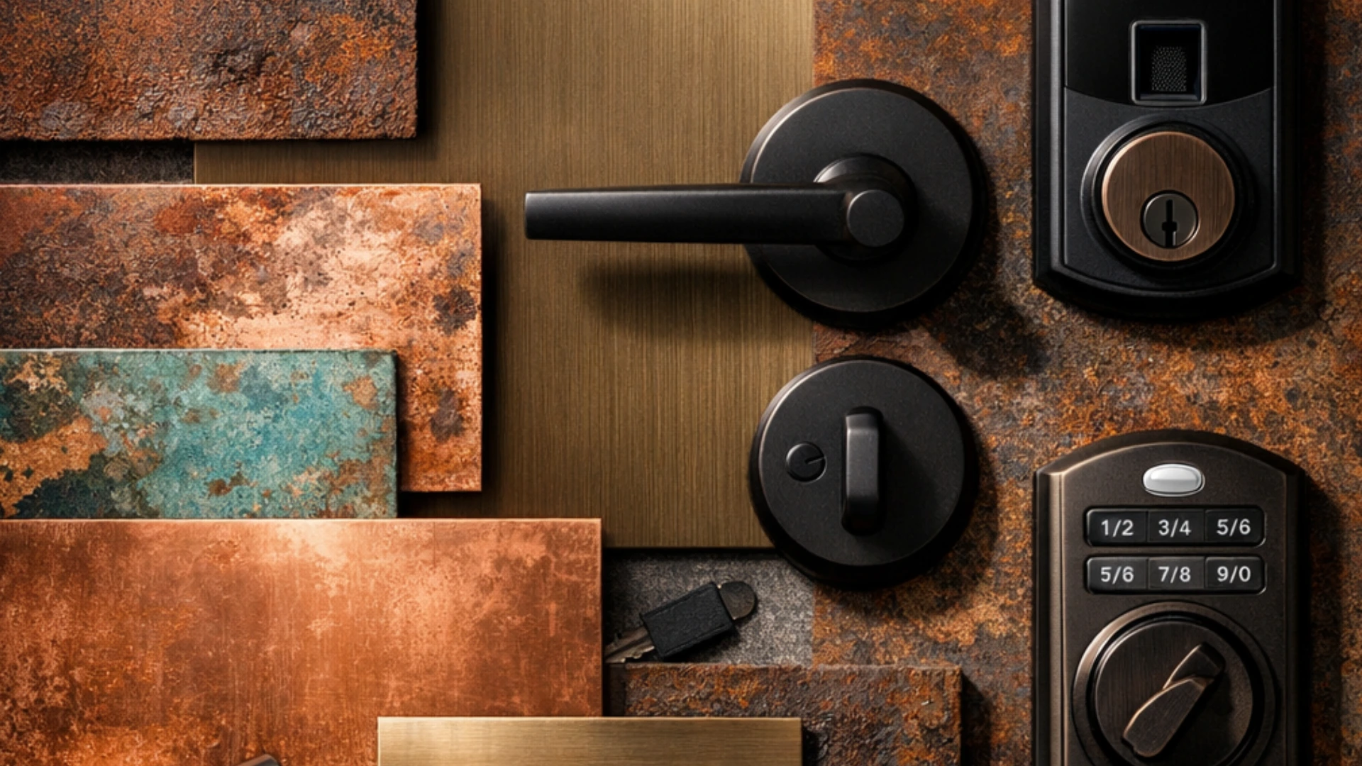 Industrial Elegance: Copper, Bronze, and Corten Steel Custom Doors 3 material samples for industrial elegance custom doors